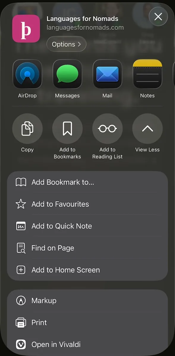 The share sheet, with Add to Home Screen in its list